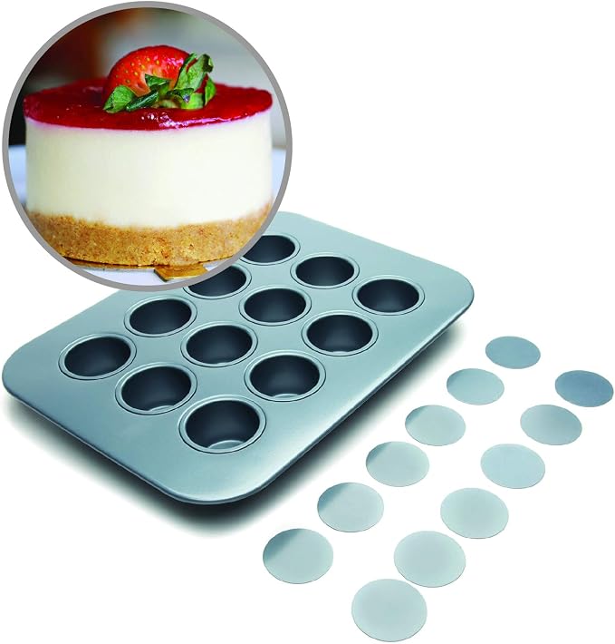Fox Run Mini Cheesecake Pan with Removable Bottoms, Non-Stick, 10.5 x 14 x 1.5 inches | Removable Bottoms & Nonstick For Easy Release | Makes 12 Mini Cheesecakes | Carbon Steel Small Cheesecake Baking Pan