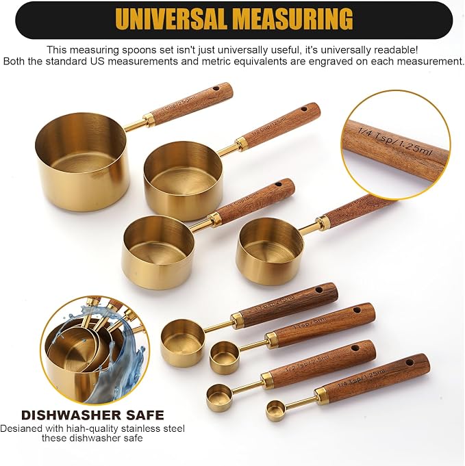SHIKORI Gold Measuring Cups and Spoons Set with Wood Handles 8PCS | Premium Stainless Steel Measuring Spoons and Measuring Cups Set,Ideal for Dry & Liquid Ingredients(Gold)