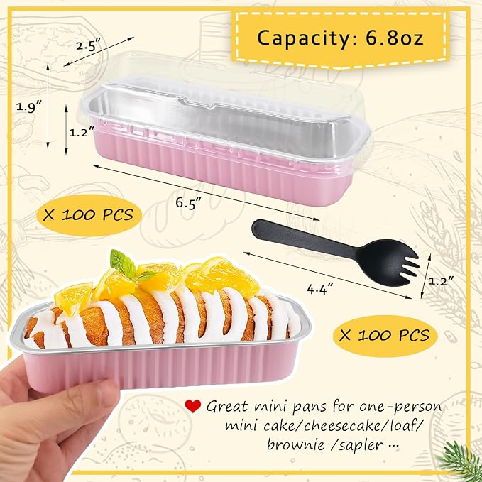 LNYZQUS Mini Loaf Cake Pans with Lids 100 Pack, Small Foil Baking Tins | 6.8oz Rectangle, Pink, Disposable Aluminum Cake Cups, Individual Dessert Containers for Bakery Bake Sales