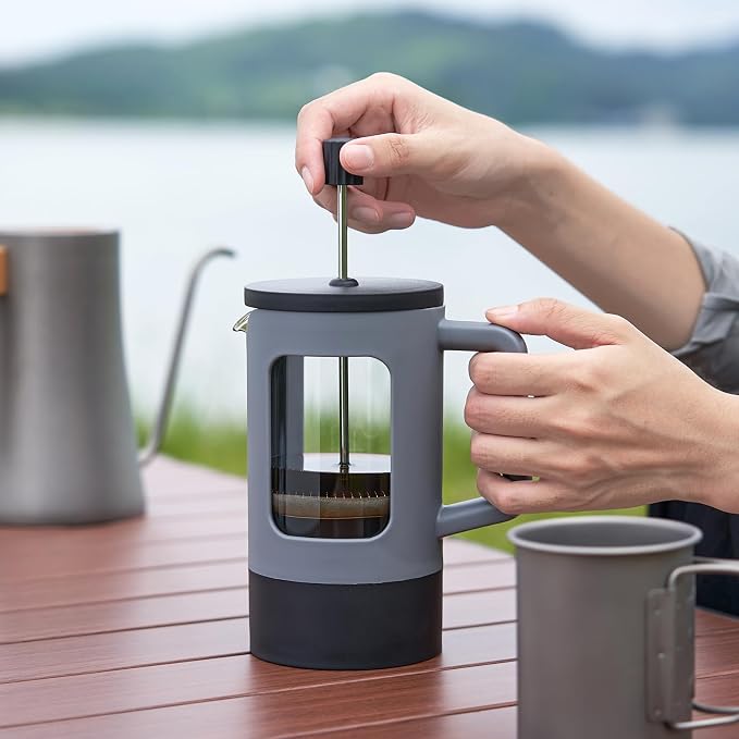 YOLIFE French Press Coffee Maker 12 oz, Camping Mini Coffee Press Grey | Heat-resistant Borosilicate Glass, Portable for Travel