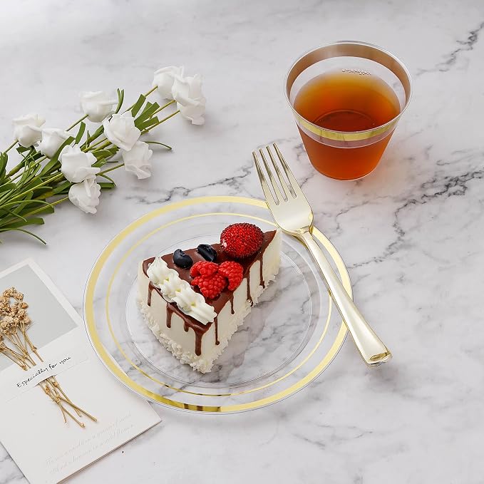 BESTVIP 300PCS Plastic Dinnerware Set, Clear Gold Disposable Plates | for Party, Wedding, Anniversary, Includes: Dinner Plates, Dessert Plates, Cups, Spoons, Forks and Knives(50 Guests)