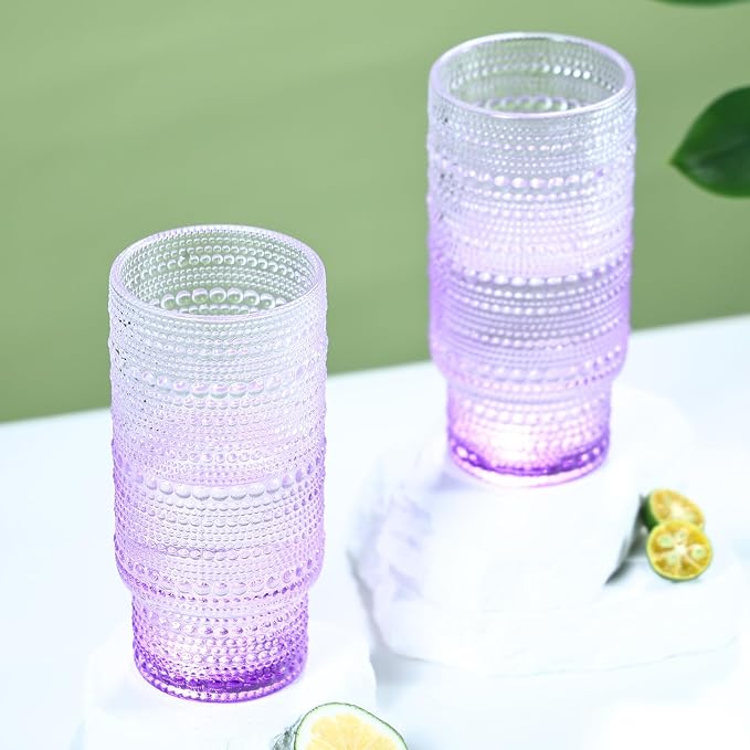 Large Capacity 16 oz Hobnail Drinking Glasses Set of 6, Vintage Glassware Drinking Glasses, Gradual Purple Water Glasses Tumbler, Cups for Kitchen, Juice, Beer, Cocktail, Whiskey