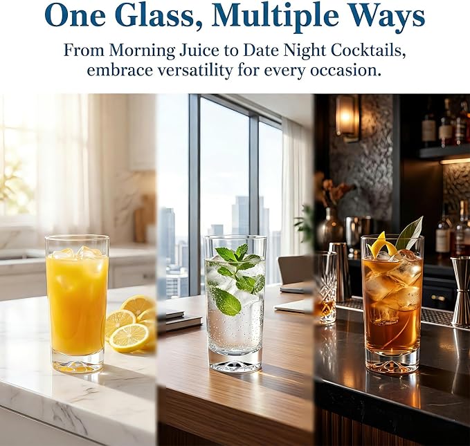 Drinking Highball Glasses Set of 6, 16oz Crystal Water Glasses