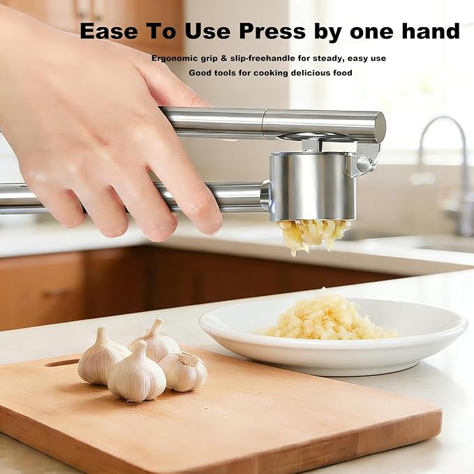 304 Stainless Steel Garlic Press Set Peeler & Brush | Labor-saving handle, removable liner, rustproof and dishwasher safe