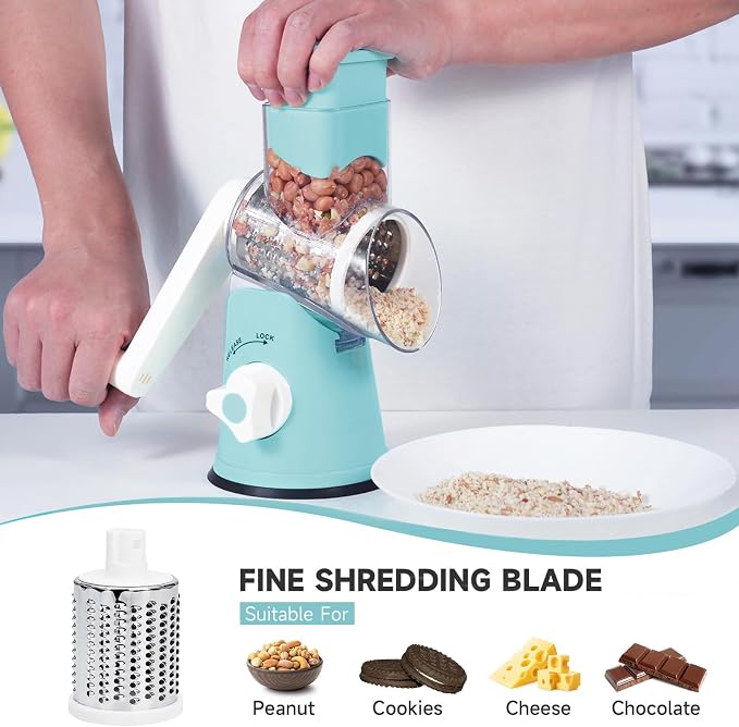 Rotary Cheese Grater Hand Crank with 3 Interchangeable Blades | Cheese Shredder with Strong Suction Base, 3 Blades for Shredding, Slicing & Chopping Veggies & Nuts, Dishwasher Safe, Blue