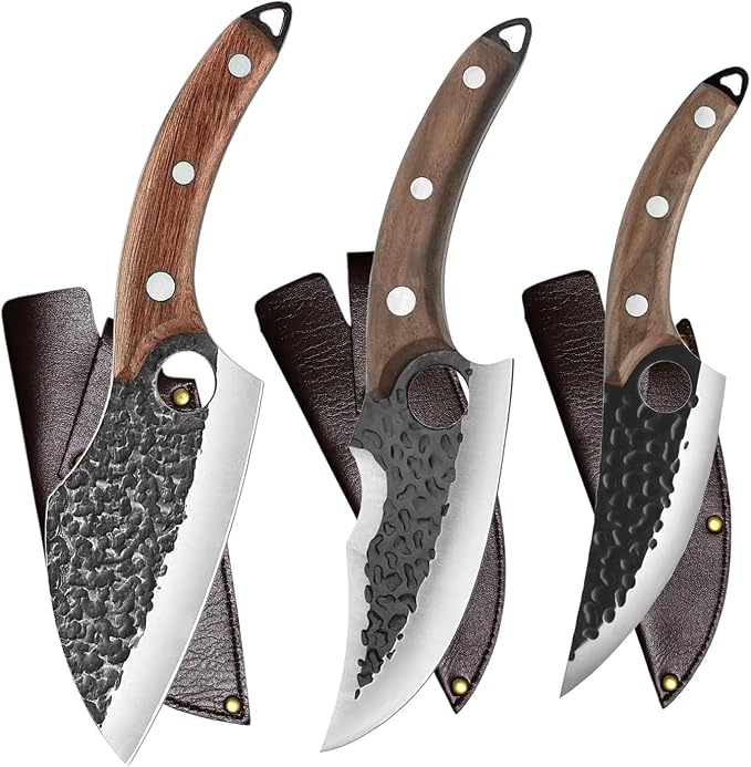 Handmade Forged Kitchen Knife 3 Pcs Professional Chef Knife Set, Hunting, BBQ Meat Knives for Cooking, Forged Kitchen Knife with High Carbon Stainless Steel Cutlery With Leather Sheaths