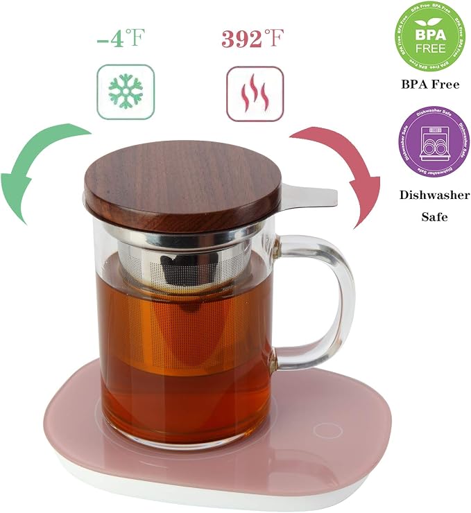 Tea Cup with Infuser Walnut Lid&Handle, Glass Tea Cups with Wide Mouth Extra Large Capacity, Stainless Steel Tea Infuser Mug for Loose Leaf Tea Steeping(14oz/400ml)