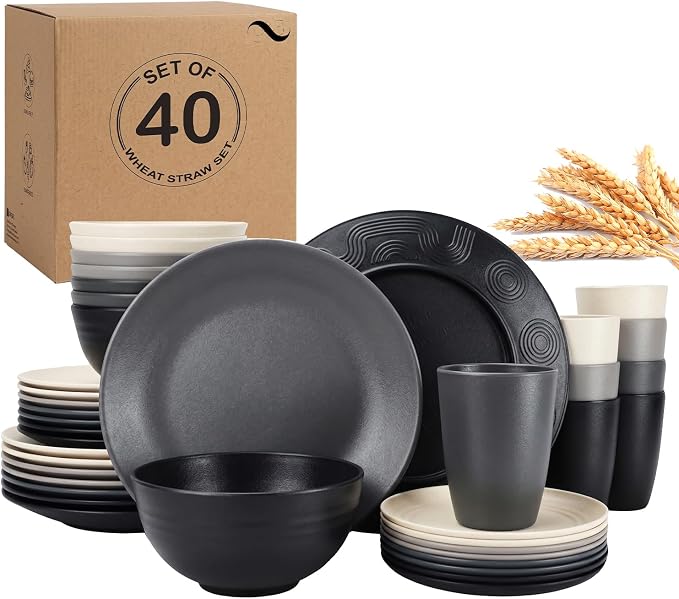 PYRMONT 40-Piece Premium Wheat Straw Dinnerware Sets Unbreakable Plates and Bowls Sets for 8-Cereal Bowls,Kitchen Cups,Dining Plate Set for Patio,Outdoors,Beach-Grey Stone