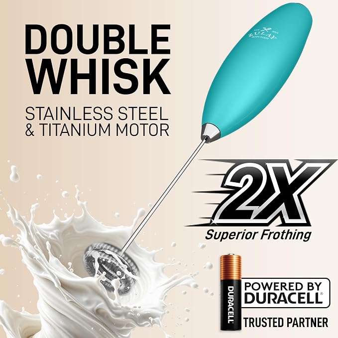 Zulay Kitchen Powerful Milk Frother Wand With Duracell Batteries - Ultra Fast Handheld Drink Mixer - Electric Whisk Foam Maker for Coffee, Lattes, Cappuccino & Matcha - Double Whisk - Caribbean Aqua