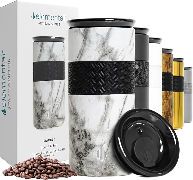 Elemental Artisan 16oz Triple-Wall Insulated Coffee Tumbler w/Ceramic Lid | Triple Wall Coffee Travel Mug, Reusable Stainless Steel Coffee Tumbler; Thermal Coffee Cups for Hot (6 Hrs) & Cold (18 Hrs)