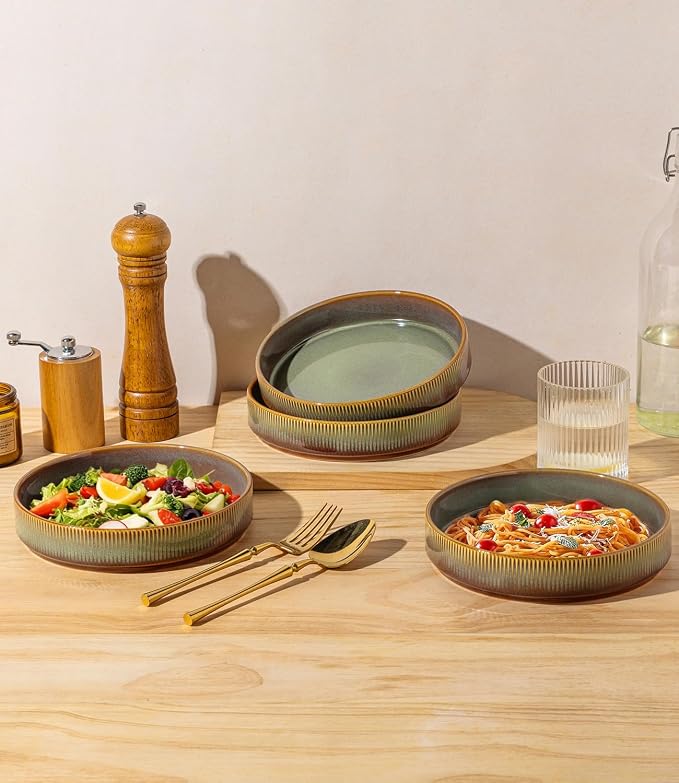 7.5" Ceramic Pasta Bowls Set of 4, Salad Bowls | Versatile Serving Bowls for Pasta, Salad, Fruit & Noodles, Housewarming & Wedding Gift, Sage Umber