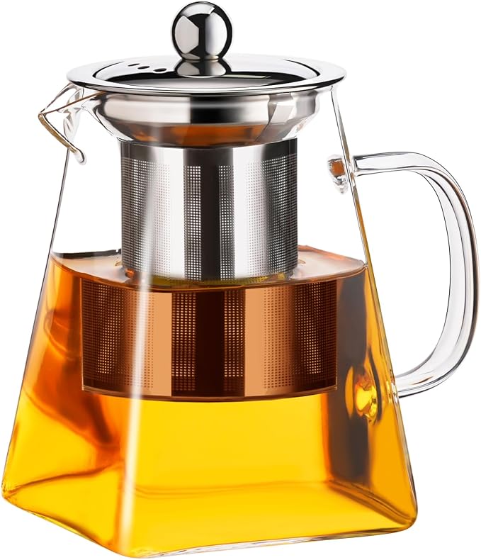 PARACITY Clear Glass Teapot with Infuser, Square 18.6oz Stovetop Tea Kettle | Borosilicate glass spans -68°F to 302°F; 18/8 stainless steel strainer makes it a tea maker for loose leaf and blooming tea