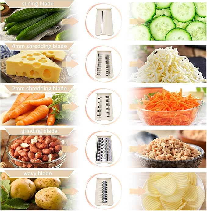 ENERGEVITY Hand Crank Rotary Cheese Grater, 5-in-1 Vegetable Slicer (White) | Easy to clean.Strong suction base.Internal barrel keeps hands away from blades.BPA-free food-grade ABS plastic.