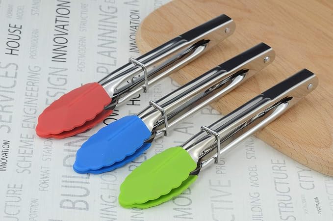 HINMAY 7-Inch Mini Tongs with Silicone Tips, Set of 3 (Green Red Blue) | 7-Inch Serving Tongs