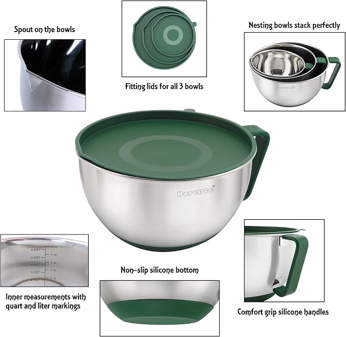 Stainless Steel Mixing Bowls Set with Lids,1.5,3 & 5 Qt,Green | Non-Slip Silicone Base,Precision Pour Spout,Ergonomic Easy-Grip Handle,Measurement Marks,Airtight Lids,Cooking & Meal Prep