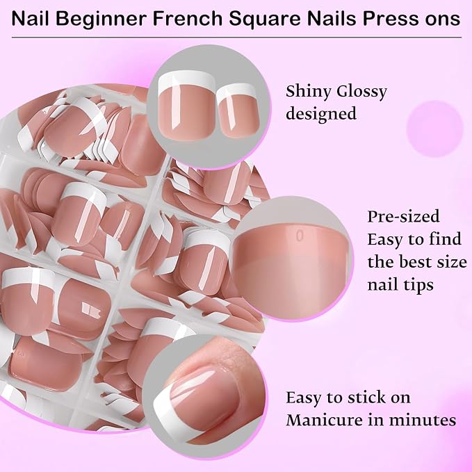 240pc White French Tip Press on Nails Short Square Acrylic Nail, Coffee Press ons Fake Nails with Glue & Tabs, 12 Sizes Glue on Nail Short Press-on Nail Square Artificial Stick on Nails for Women