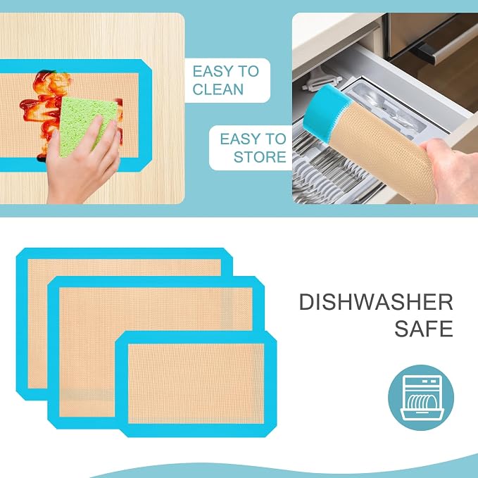 Silicone Baking Mat Set of 3, Non-Stick Baking Sheets | 2 Half & 1 Quarter Sheets, Dishwasher Safe, Reusable Baking Supplies for Cookies, Bread, Pastries & Dough