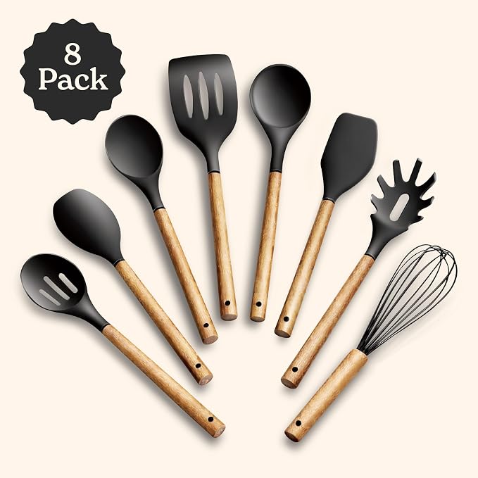 Country Kitchen Non Stick Silicone Utensil Set with Rounded Wood Handles for Cooking and Baking, 8 Piece Set, Black