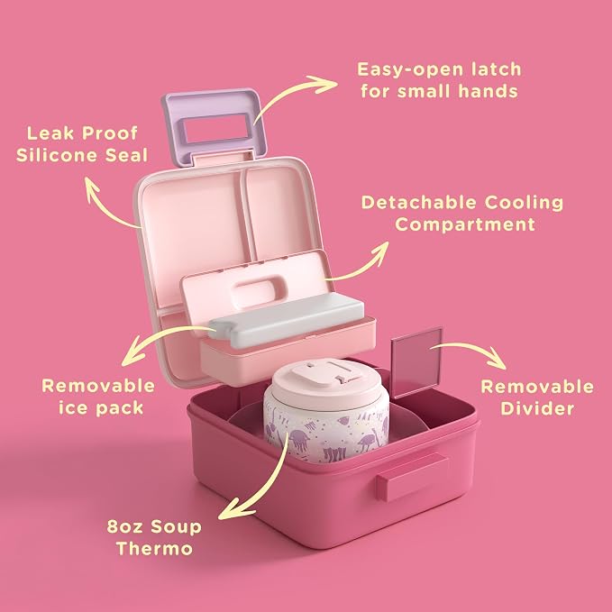 JXXM Bento Lunch Box for Kids with 8oz Soup Thermo,Leak-Proof Lunch Containers with 5 Compartment,Thermo Food Jar Food Containers for School (Pink-Jellyfish)