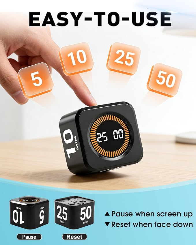 Pomodoro Timer Cube for Productivity — 5/25/10/50 Minutes Preset, Digital Gravity Sensor Desk Visual Timer for ADHD, Silent Mode, Ideal for Office, Study, Kitchen & Kids