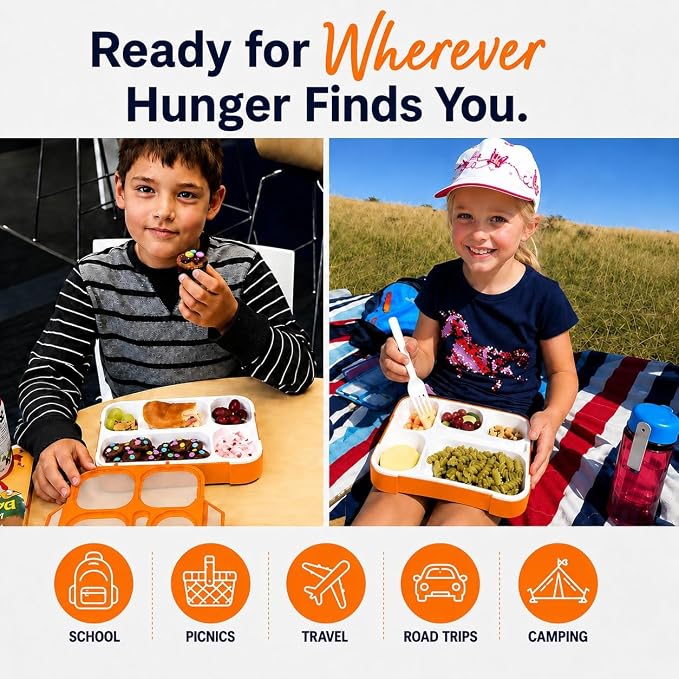 Bento Lunch Box for Kids, Boys, Girls, Adults, 6 Compartment Lunch-Boxes, Leakproof School Snack or Meal Portion Container, Utensils, BPA-Free, Orange