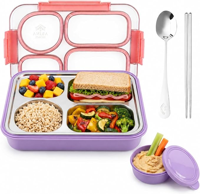 Large 11" x 8" Stainless Steel Bento Lunch Box for Adults with 4 Compartments Leakproof Lid BPA-Free 304 Stainless Steel Food Container That Keeps Food Separate, Ideal for Office and Travel use, Pink