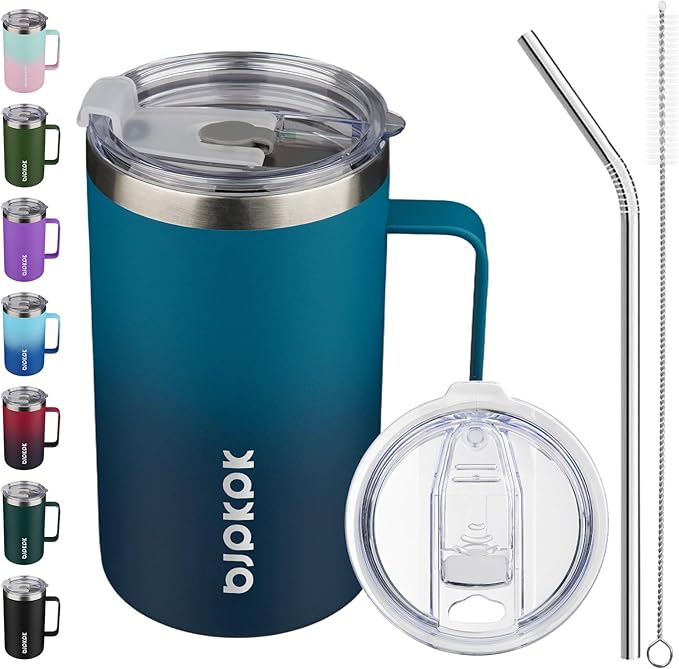BJPKPK 25oz Insulated Coffee Mug with Handle, Stainless Steel Travel Mug | Keeps Drinks Hot & Cold, Double Wall Vacuum, 2 Lids Included, BPA-Free Coffee Tumbler for Home, Office & Travel