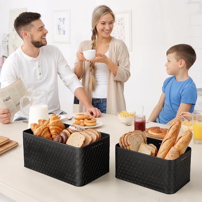 Metal Bread Box Set of 2 with Bamboo Lid, Modern Bread Storage Containers with Air Vents, Bamboo Cutting Board Lid, Farmhouse Kitchen Decor Organizer for Countertop, 2-Size,Embossed Black