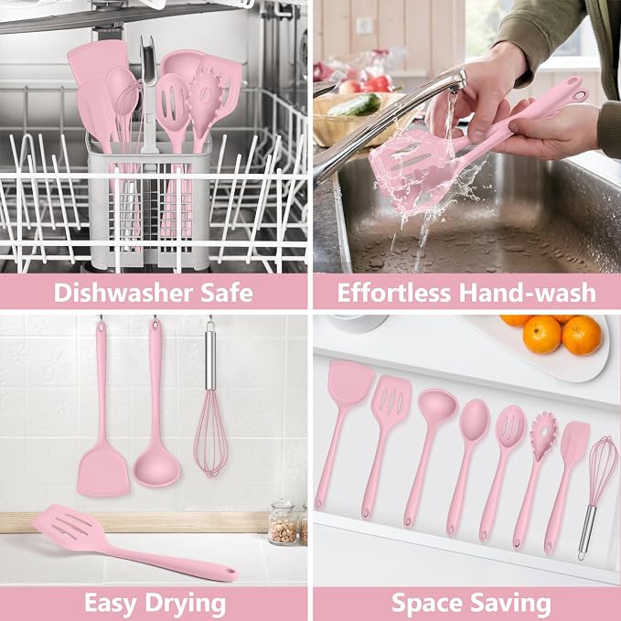TeamFar Silicone Cooking Utensils Set, 8 PCS Kitchen Utensils Set, Pink | 446°F Heat Resistant Turner, Spatula, Spoon, Whisk, Kitchen Cooking Gadgets Tools, for Nonstick Cookware, Dishwasher Safe