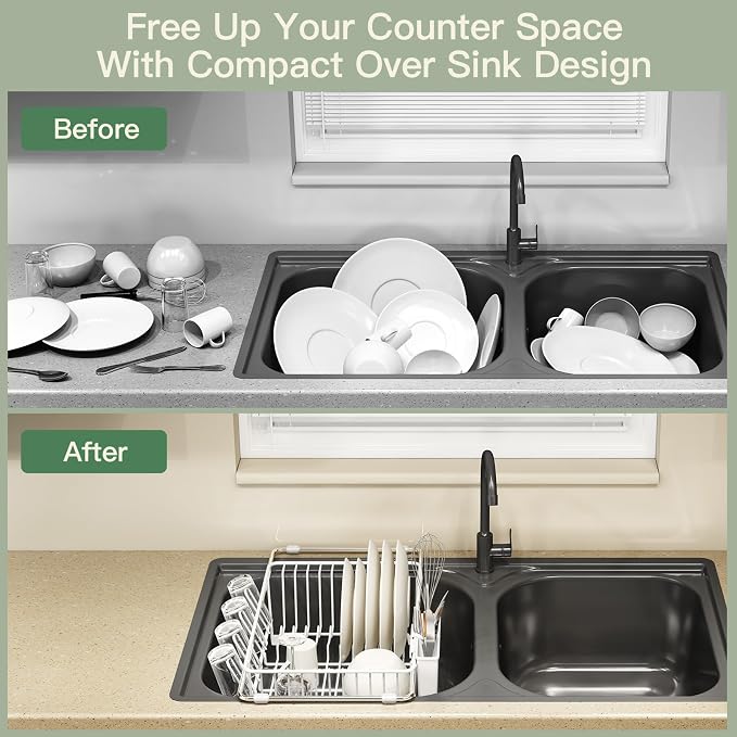 White Dish Drying Rack Over Sink with Utensil Holder, Drainboard | Expandable Stainless Steel Dish Drainer for Small Kitchen, Apartment, RV, Counter Space Saving, Perfect Fit, Rustproof