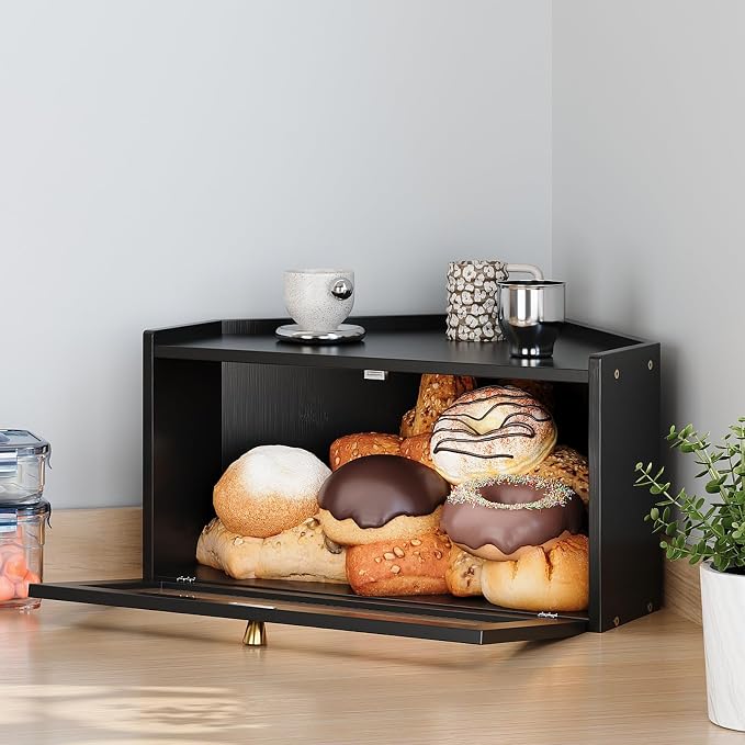 Trironsun Corner Bamboo Bread Box for Kitchen Counter Large Rustic Bread Storage Container with Acrylic Door Space-Saving Vintage Bread Keeper for Homemade Bread (Black)