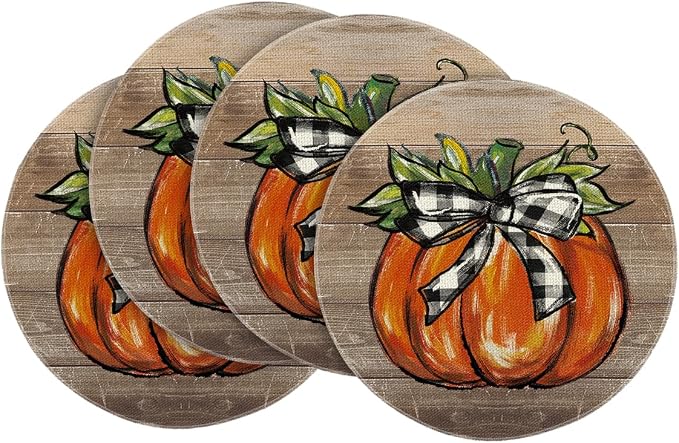 Artoid Mode Wood Pumpkin Bowknot Round Fall Placemats Set of 4-14 Inch | Heat-Resistant, Washable Table Mats, Seasonal Autumn Kitchen Dining Decor