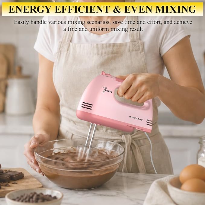 BAIGELONG Hand Mixer. 7-Speed Adjustable Kitchen Electric Mixer. With 5 Stainless Steel Attachments: 2 Hooks, 2 Beaters, 1 Whisk. Comes 1 Storage Box. Perfect for Bakers and New Starters. Pink
