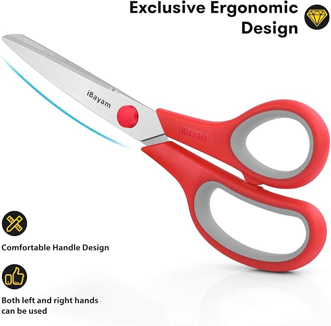 iBayam 8.5" Household Scissors All Purpose 3 Pack, Red Black Blue Scissors | Ultra Sharp 2.5mm Thick Blade Shears Comfort-Grip for Office Desk Sewing Fabric Home Craft School Supplies, Right/Left Handed