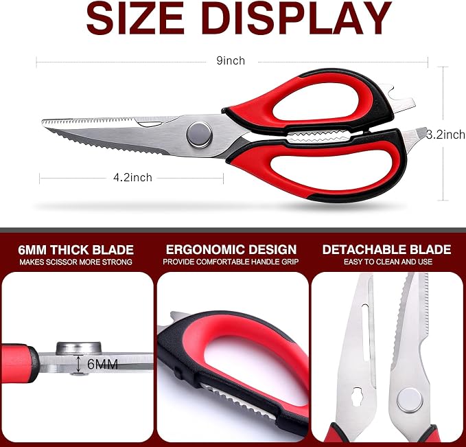 Come Apart Kitchen Scissors for Food, All Purpose Kitchen Shears (Red) | Easy to Clean, Detachable Blade, Comfort Grip, Multi Functional Cooking Scissors for Meat, Poultry, Fish