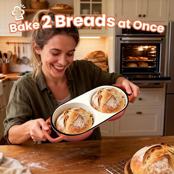 YONILL Mini Double Dutch Oven with Lid for Sourdough Bread Baking (Orange) | Enameled Cast Iron Pot with Lid, 5" Banneton Bread Proofing Basket Include, Dual Round Bread Loaf Pan for Homemade Baking