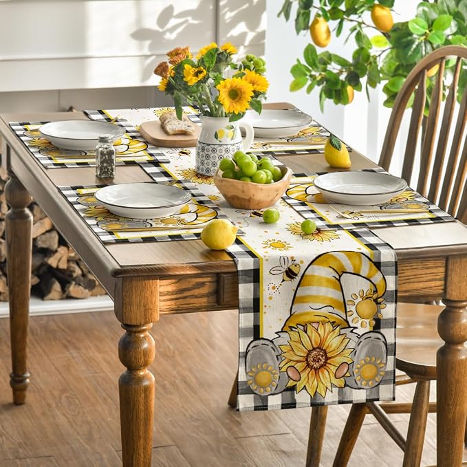 Artoid Mode Buffalo Plaid Gnome Bee Sunflower Summer Placemats Set of 4, 12x18 Inch Seasonal Spring Table Mats for Party Kitchen Dining Decoration
