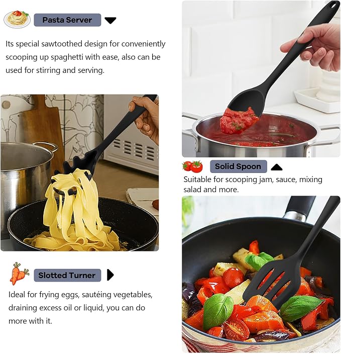 TeamFar Silicone Cooking Utensils, 10 pcs Kitchen Cooking Utensils Set | Heat Resistant Kitchen Gadgets Tools Set w/Spatula, Turners, Spoons, Soup Ladle, Pasta Server for Nonstick Cookware, Black