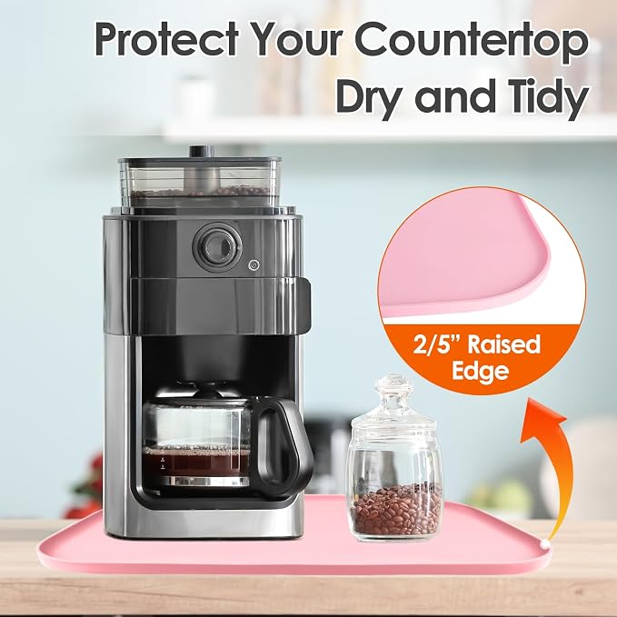 Silicone Coffee Maker Mat with Lip for Countertops, 24'' x 16'', Pink | Multi leak-proof coffee tray for countertop, non-slip silicone mat fits most coffee makers & espresso machines, wipe-clean