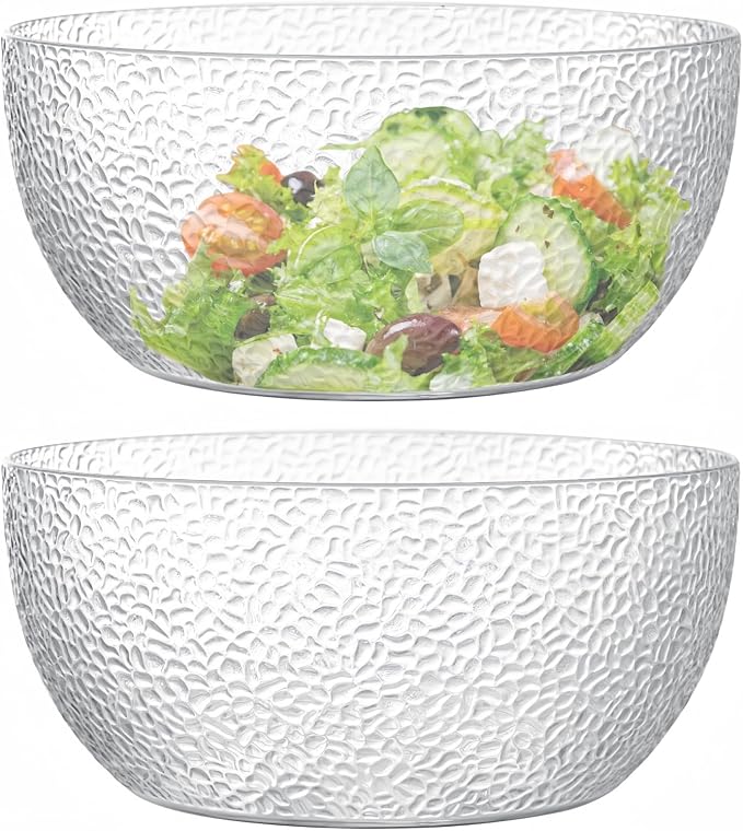 130 oz Acrylic Salad Bowls, 9.5" Serving Bowls for Fruits, Popcorn, Chips, Dips, Condiments, Break-Resistant Set of 2, Clear Circular