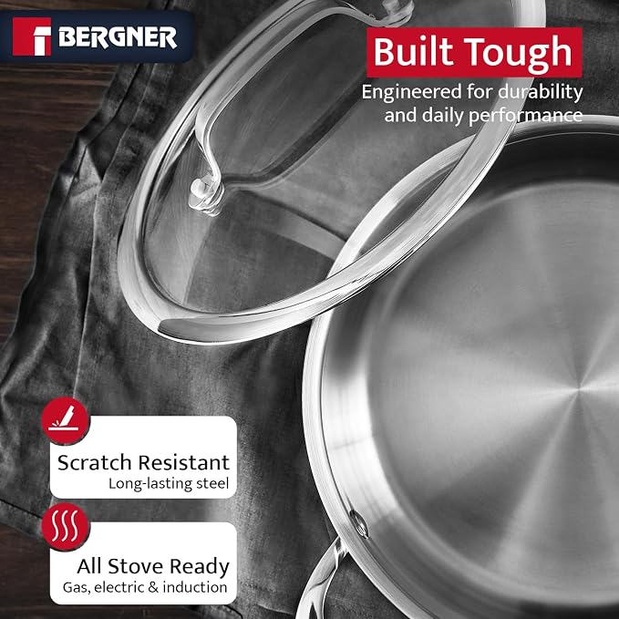Bergner Argent Collection 4.5 Quart Tri-Ply Stainless Steel Dutch Oven with Tempered Glass Lid - Even Heat Distribution, Riveted Stay-Cool Handle, Induction Compatible, Dishwasher Safe