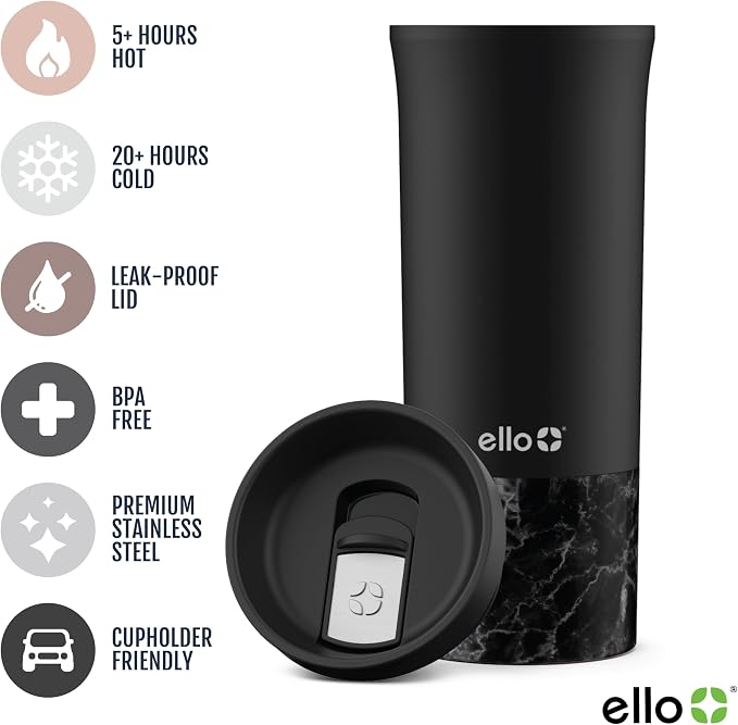 Ello Miri 16oz Insulated Stainless Steel Travel Mug with Slider Lid, Black Marble