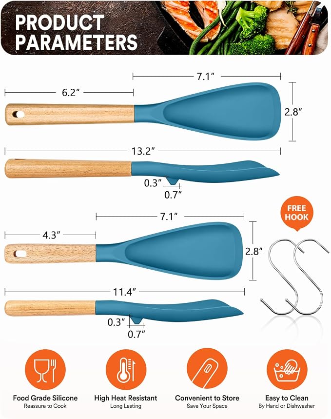 Multifunction Cooking Spoons for Nonstick Cookware,11.4"&13.4",TURQ | Great for Cooking and Serving, Sturdy BPA-Free Matte Silicone, Wood Handle spoonula for Mixing, Scoop, and Scrape