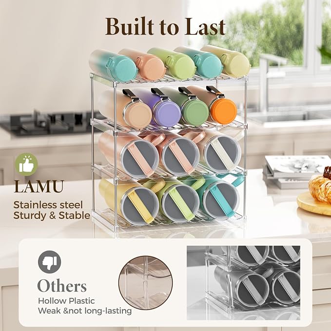 LAMU Stackable Water Bottle Organizer Holder Tumbler Cup Storage Rack | 4 Tier Clear PET Holder for Stanley 16-40oz Large Water Bottle Tumbler Cup Storage for Kitchen Cabinet Pantry Countertop