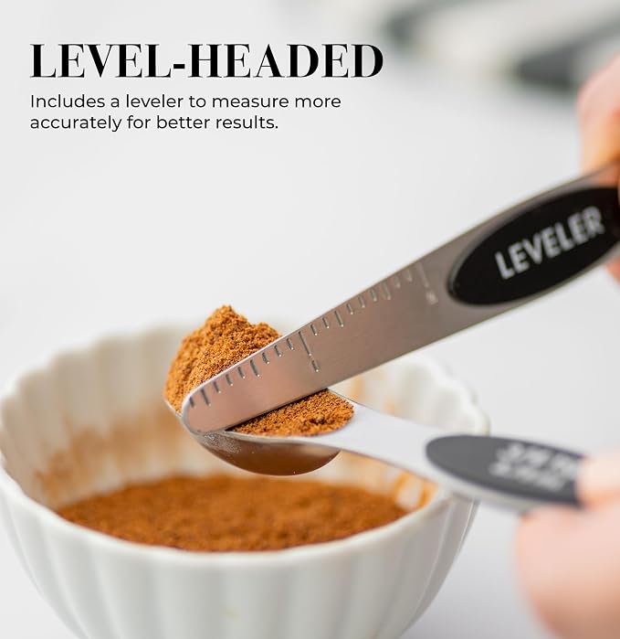 Styled Settings Stainless Steel Magnetic Measuring Spoons Set with Leveler | 8-Piece, Dual Sided, Stackable, BPA Free, Stainless Steel Measuring Spoons for Dry & Liquid Ingredient - Fits in Spice Jars