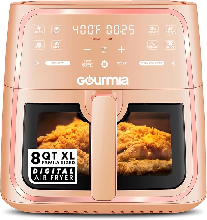 Gourmia 8 Qt Air Fryer, 8 Presets with Digital Display, FryForce 360° Technology, Easy View Window & Interior Light, Dishwasher Safe Basket, Peach