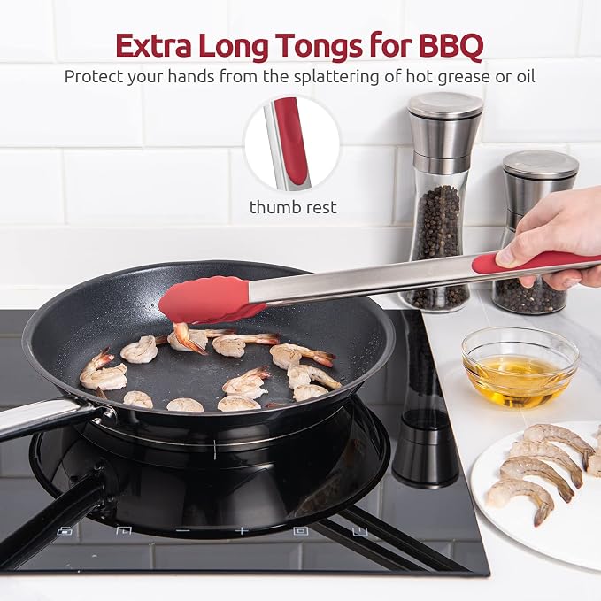 U-Taste Kitchen Tong for Cooking, 600ºF Heat-Resistant Silicone, 16in/Red | Extra Long BBQ Tongs, Large Tong for Grilling/Grabbing, Big Thong with Nonstick Silicone Tps & 18/8 Stainless Steel Handle
