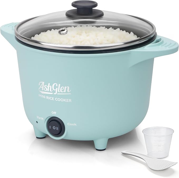 AshGlen Small Rice Cooker 2-Cup uncooked/ 4-Cup Cooked, Mini Hot Pot Electric, Mini Electric Pot, Ceramic Rice Cooker, Small Rice Steamer, Noodle & Oatmeal Cooker, Dual Modes, Single Serve, Aqua