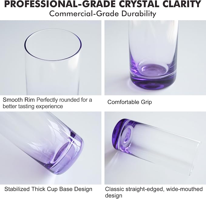 Purple Highball Glasses Set of 6, Drinking Glass for Mixed Drink | 13oz ,Cups for Cocktail, Beer, Mojito, Water and Juice,Thick Tall Glassware for Kitchen, Restaurant, Home Bar and Parties