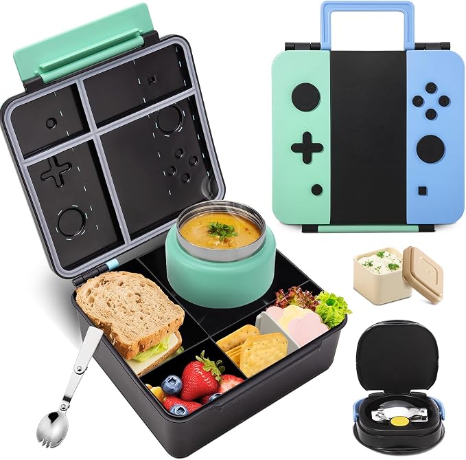 Game Bento Box for Kids, Lunch Box with Thermo(9oz Food Jar), Folding Spoon, Removable Divider & Sauce Cup, Lunch Box Kids for School,Travel, BPA-Free & Realistic Shape(Blue-Green)